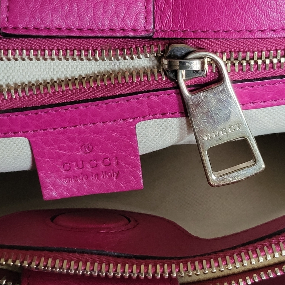 GUCCI Pebbled Calfskin M Bamboo Tote Bright Bougainvillea..Authentic!! Like New. - Picture 11 of 16